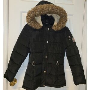 Madden Girl Women's Long Chevron Puffer Jacket Black Large (14) Faux Fur